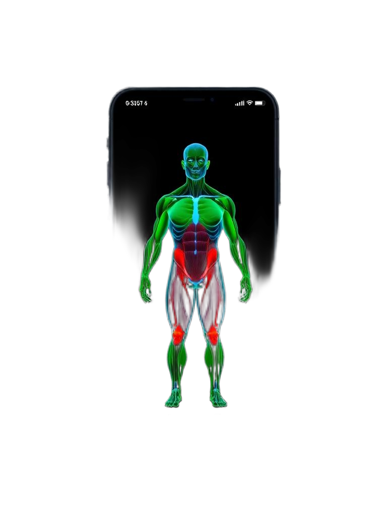Anatomical body map highlighting trained muscle groups